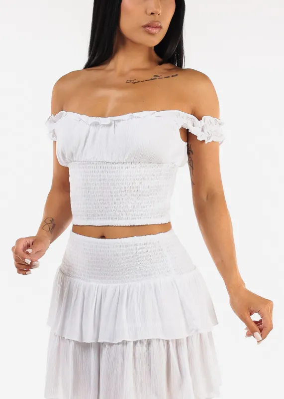 Off Shoulder Smocked Ruffled Crop Top White sold by Moda