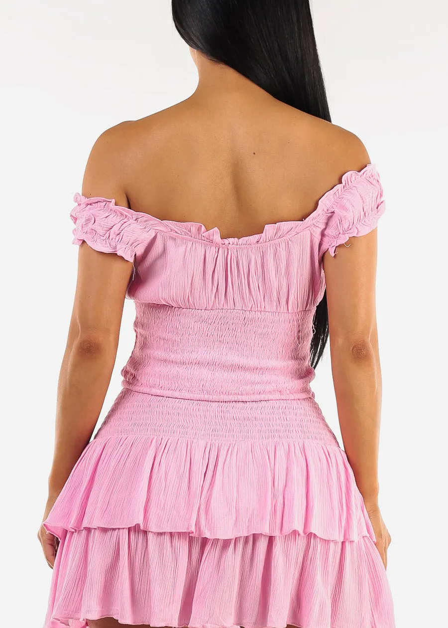 Off Shoulder Smocked Ruffled Crop Top Pink sold by Moda product image thumbnail 4