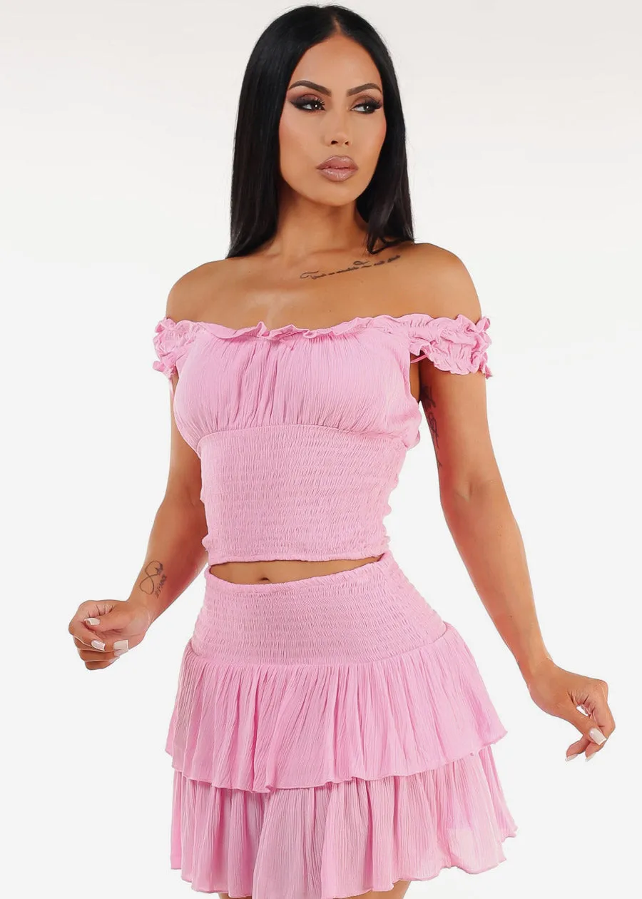 Off Shoulder Smocked Ruffled Crop Top Pink sold by Moda