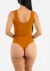 Sleeveless Vneck Ribbed Thong Bodysuit Camel sold by Moda
