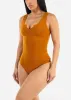 Sleeveless Vneck Ribbed Thong Bodysuit Camel sold by Moda