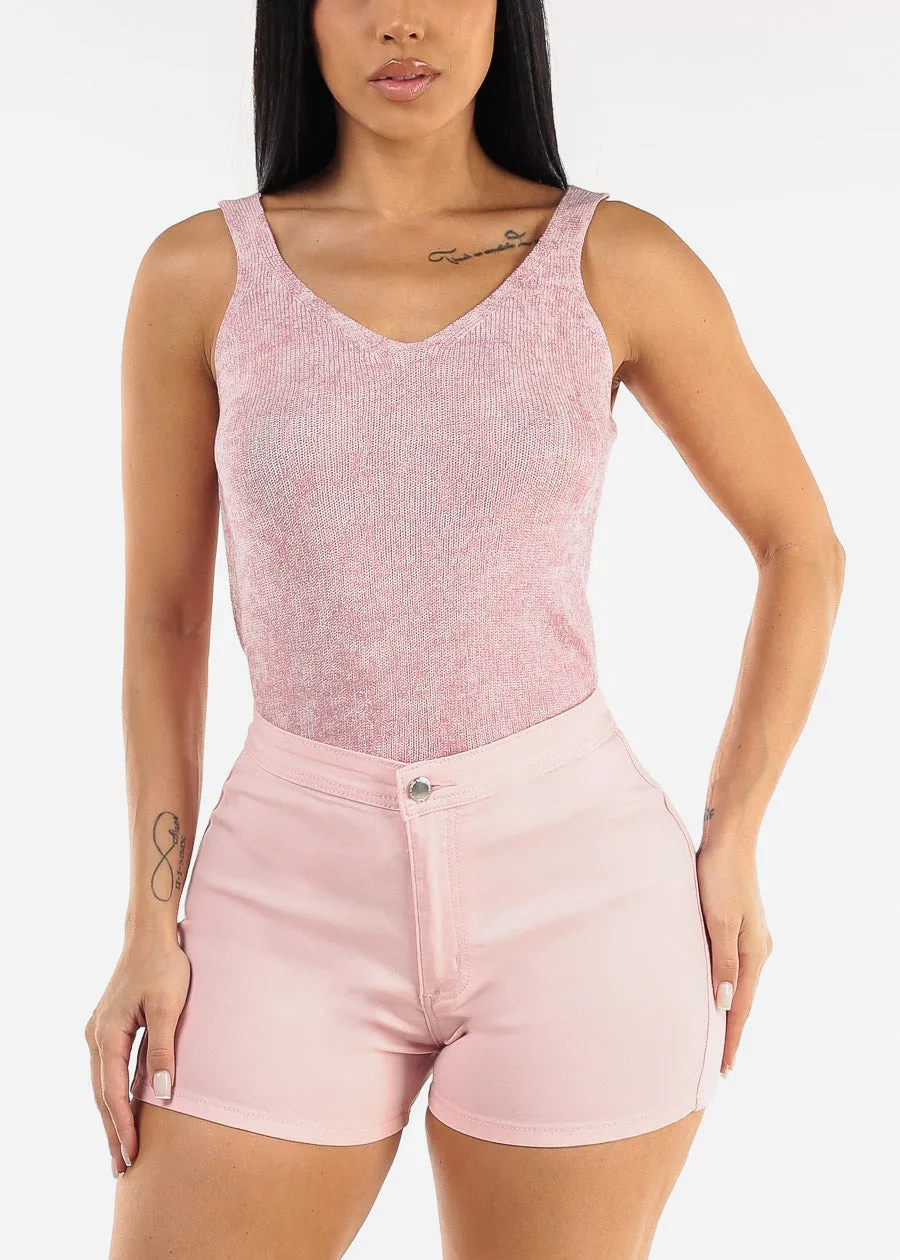 Sleeveless Metallic Vneck Knitted Top Light Pink sold by Moda