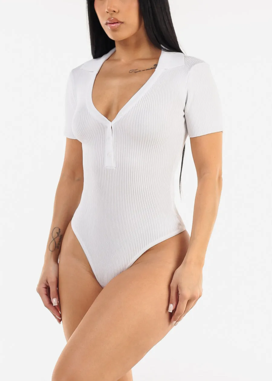Short Sleeve Rib Knit Polo Bodysuit White sold by Moda