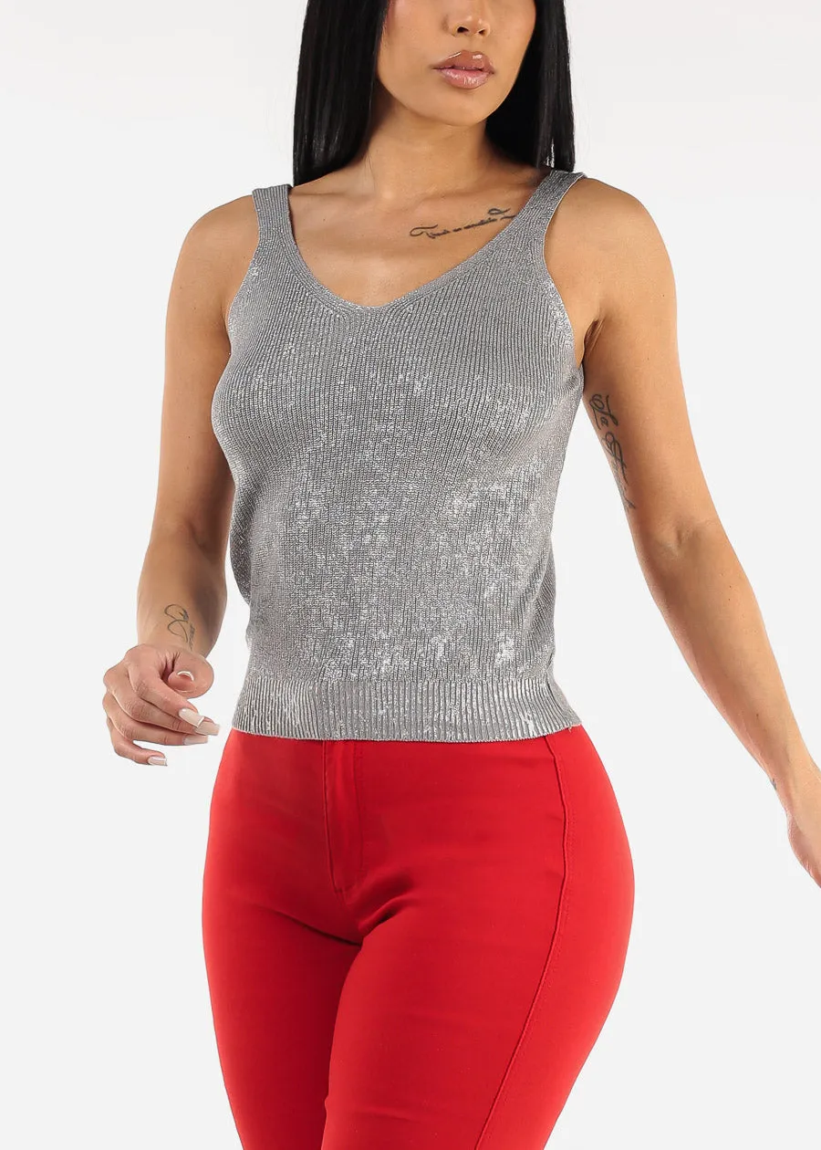 Sleeveless Metallic Vneck Knitted Top Silver sold by Moda product image thumbnail 3