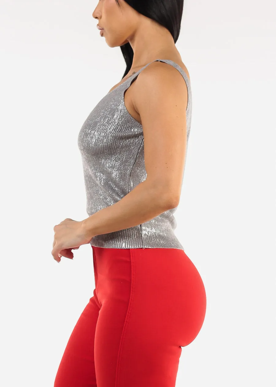 Sleeveless Metallic Vneck Knitted Top Silver sold by Moda product image thumbnail 5