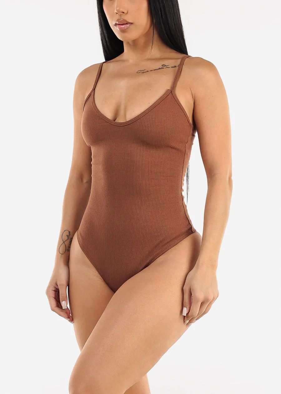 Sleeveless Vneck Ribbed Thong Bodysuit Brown sold by Moda