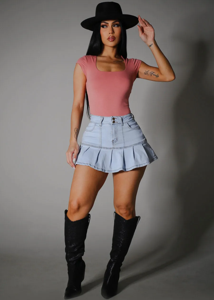 High Waist Pleated Stretch Denim Mini Skort Light Blue sold by Moda product image thumbnail 2