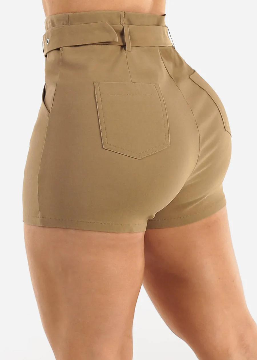 Khaki Super High Waist Stretchy Shorts w Belt sold by Moda product image thumbnail 5