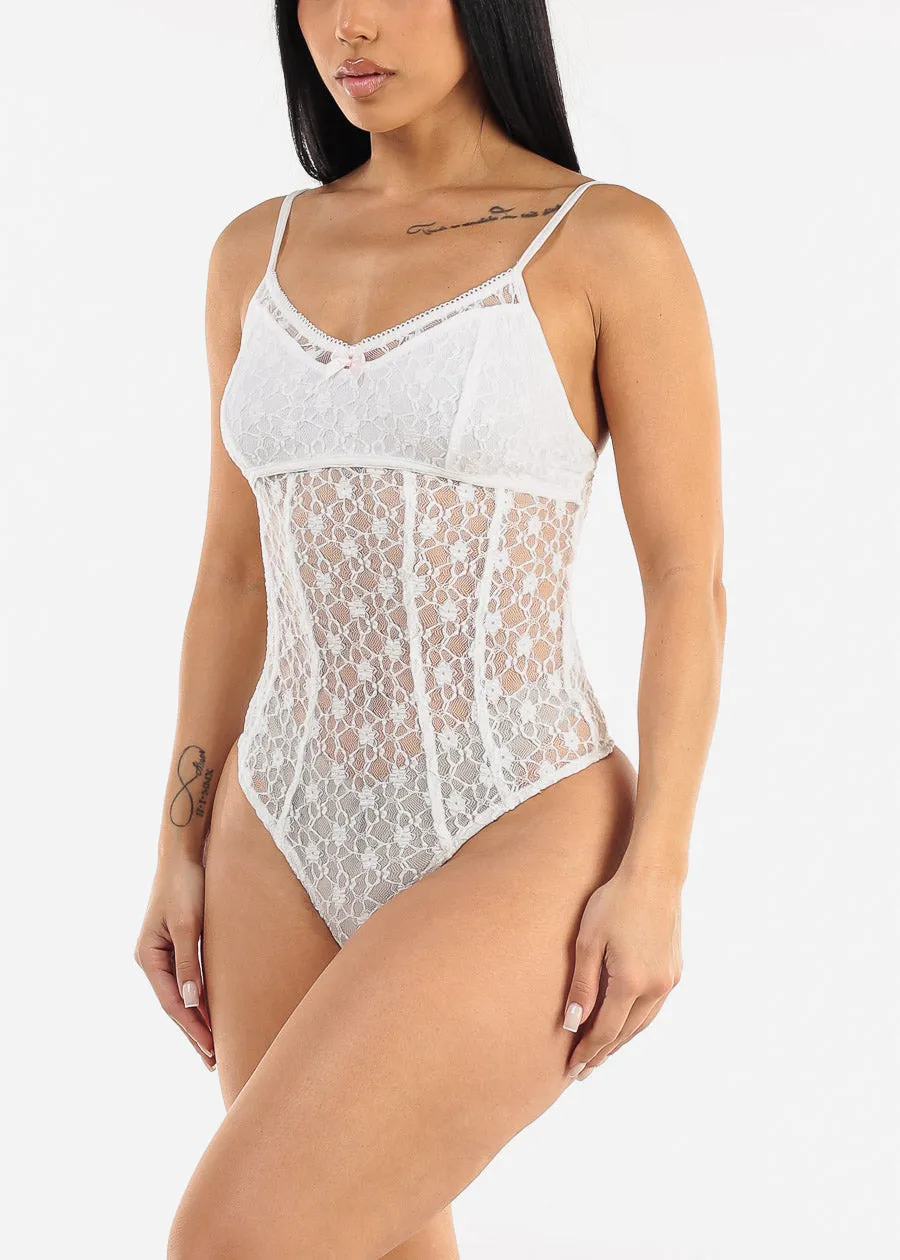 Sleeveless Floral Lace White Thong Bodysuit sold by Moda