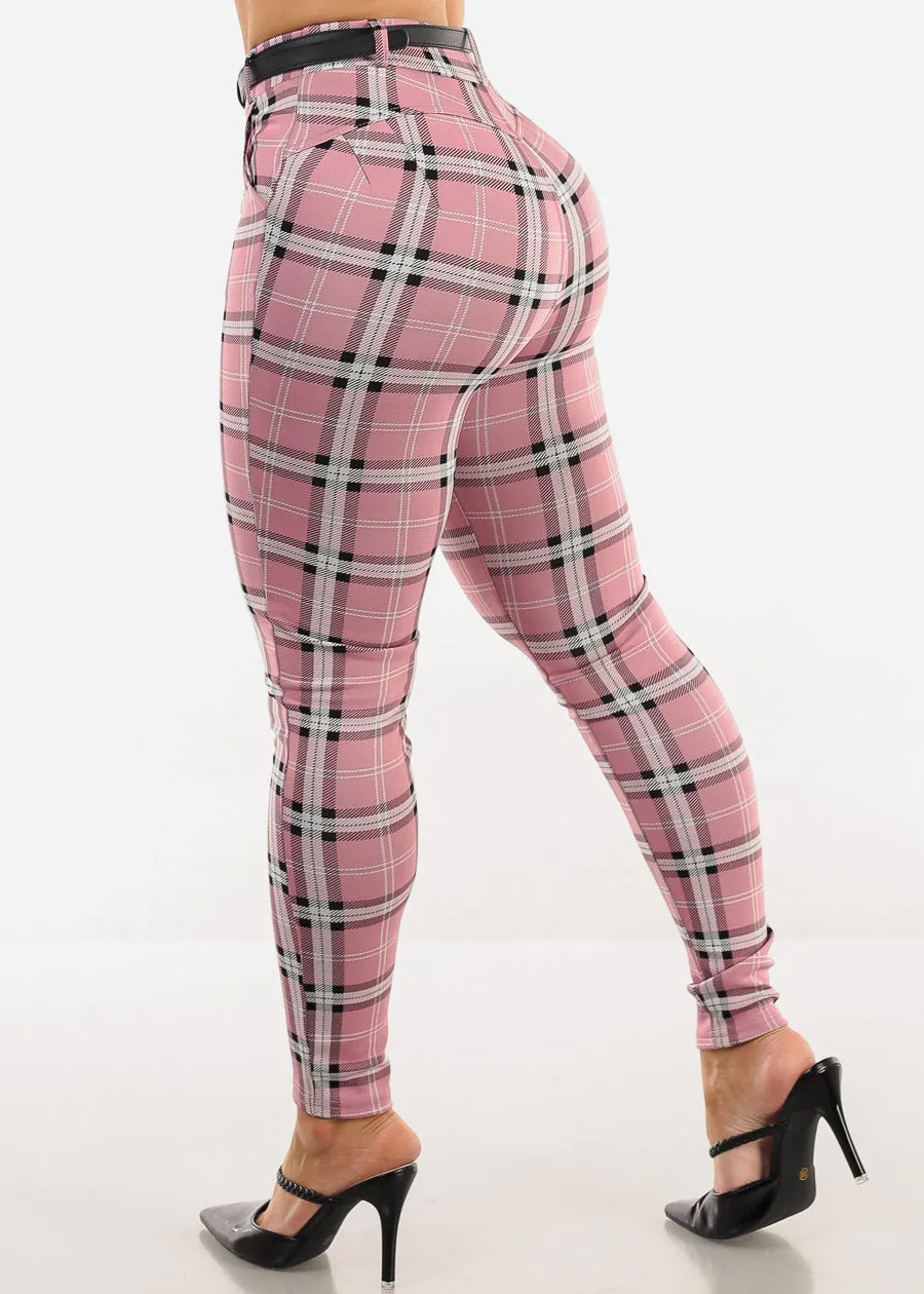 Butt Lift Stretchy Plaid Skinny Ankle Pants Pink w Belt sold by Moda product image thumbnail 5