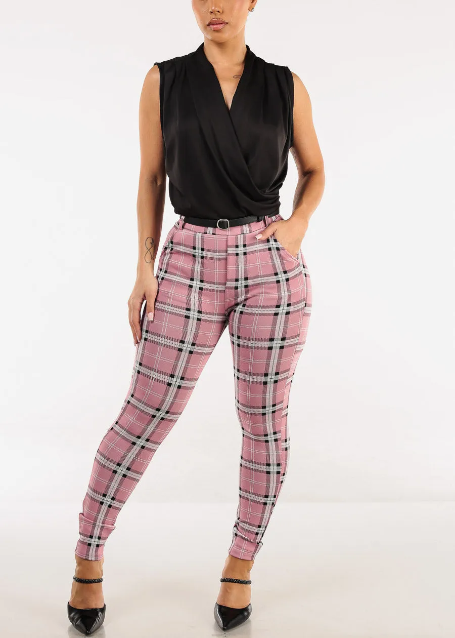 Butt Lift Stretchy Plaid Skinny Ankle Pants Pink w Belt sold by Moda product image thumbnail 2