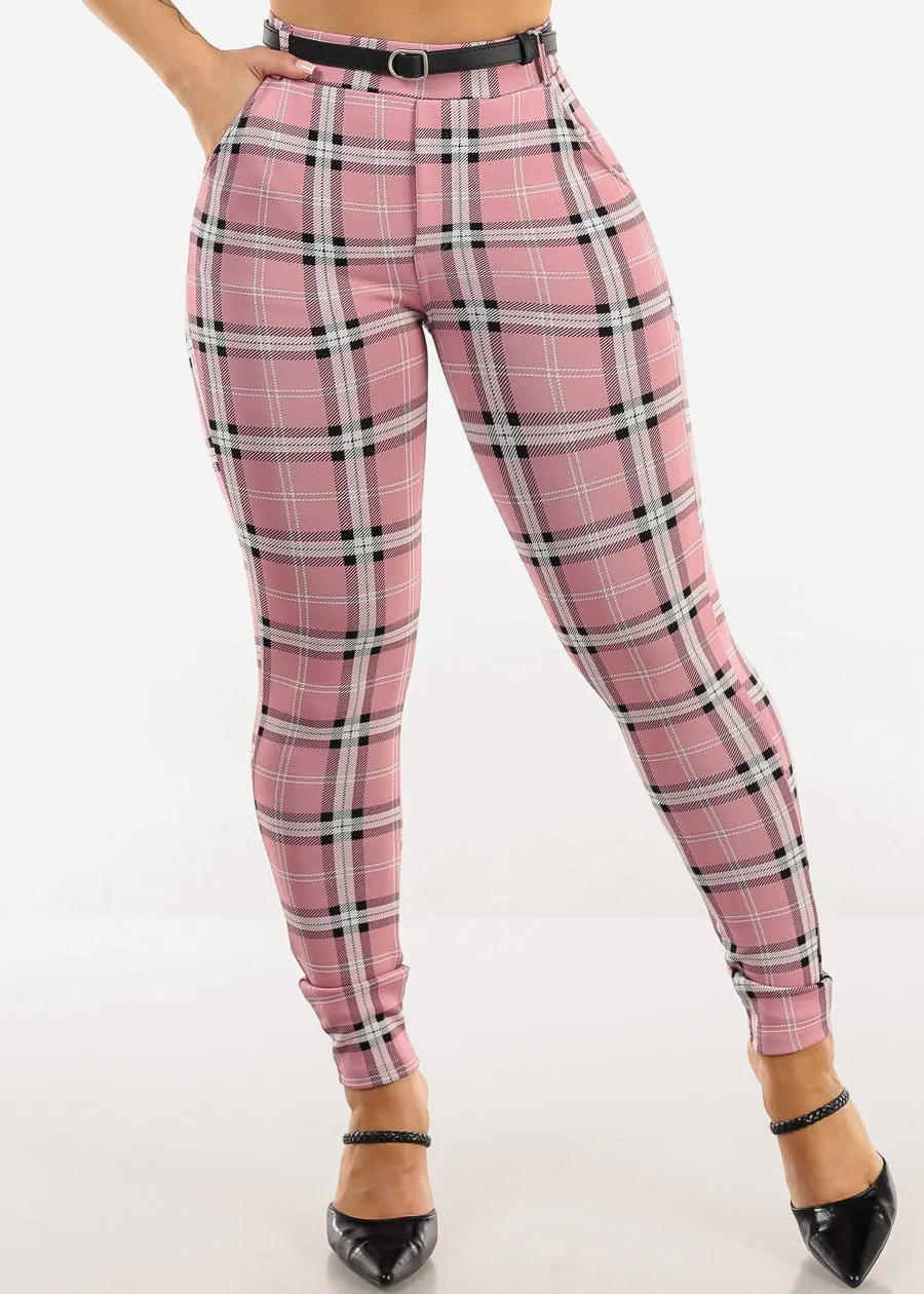 Butt Lift Stretchy Plaid Skinny Ankle Pants Pink w Belt sold by Moda product image thumbnail 3