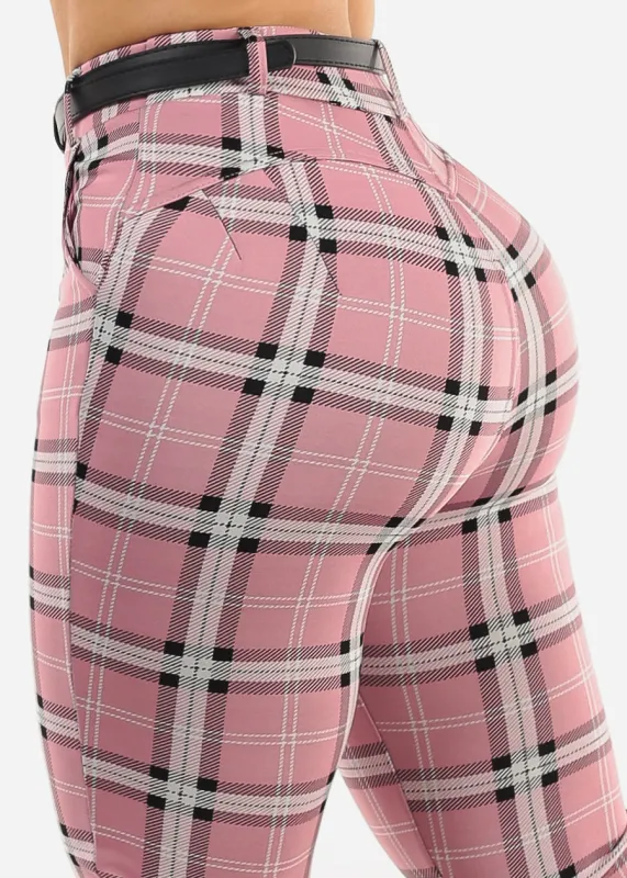 Butt Lift Stretchy Plaid Skinny Ankle Pants Pink w Belt sold by Moda