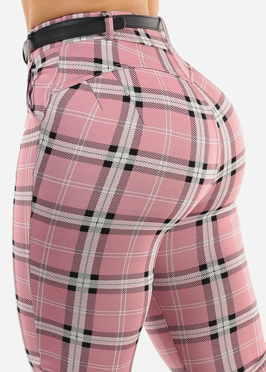 Butt Lift Stretchy Plaid Skinny Ankle Pants Pink w Belt sold by Moda