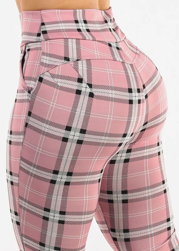 Butt Lift Stretchy Plaid Skinny Ankle Pants Pink sold by Moda