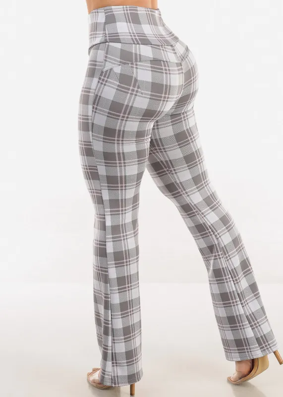 Butt Lift Stretchy High Waist Plaid Dressy Bootcut Pants Grey sold by Moda
