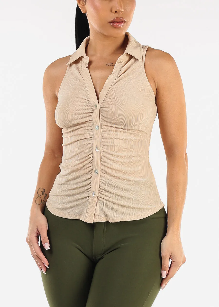 Stretchy Ruched Sleeveless Collared Blouse Beige sold by Moda