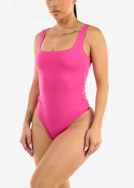 Sleeveless Square Neck Thong Bodysuit Fuschia sold by Moda
