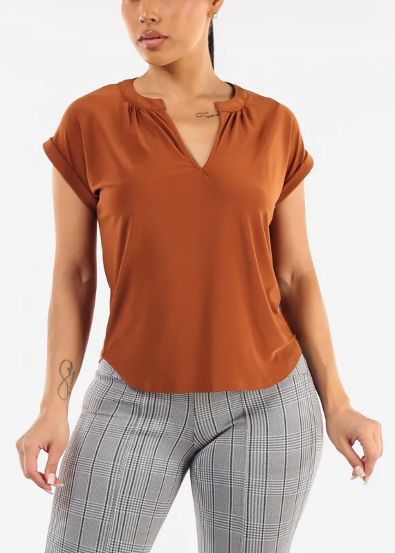Cuffed Short Sleeve Vneck Stretch Blouse Rust sold by Moda