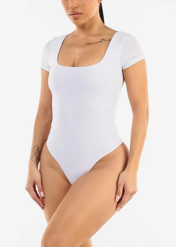 White Short Sleeve Square Neck Stretch Thong Bodysuit sold by Moda