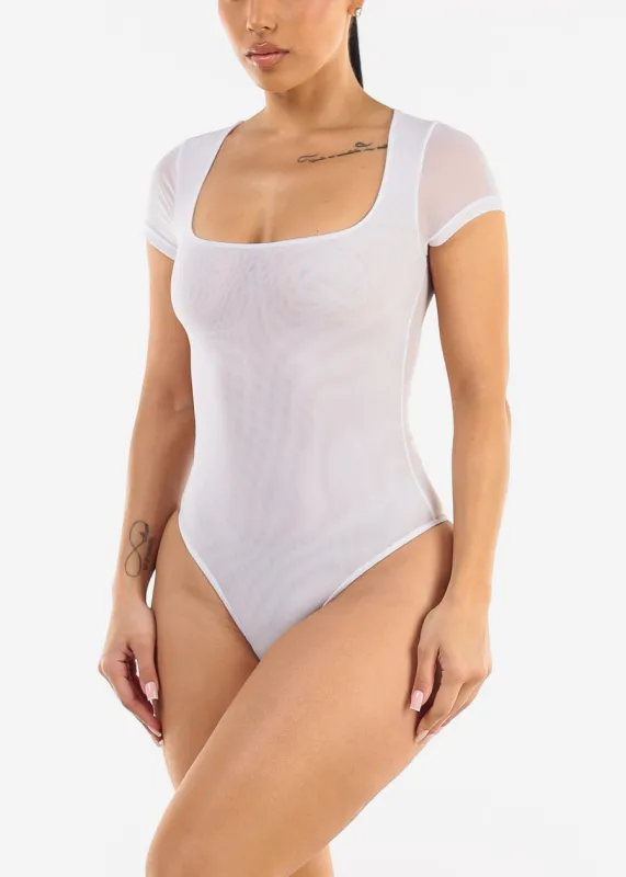 White Short Sleeve Square Neck Stretchy Mesh Bodysuit sold by Moda