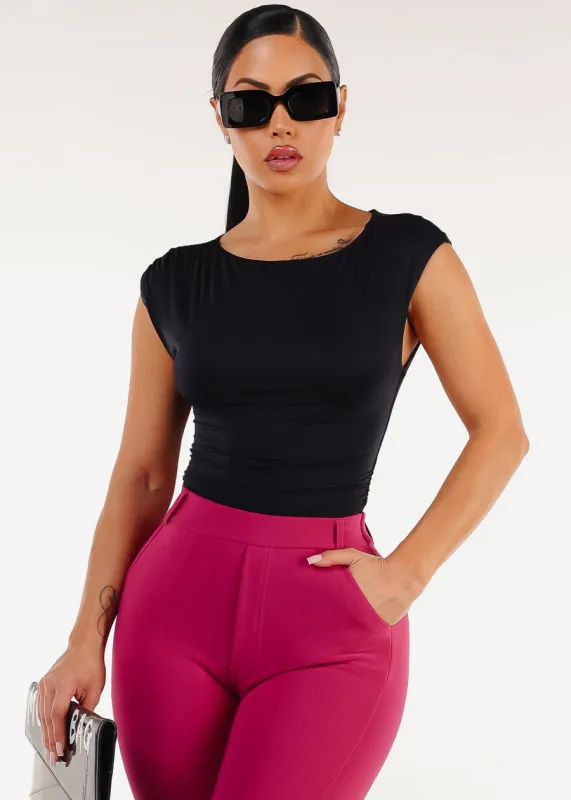 Black Cap Sleeve Ruched Stretch Top sold by Moda