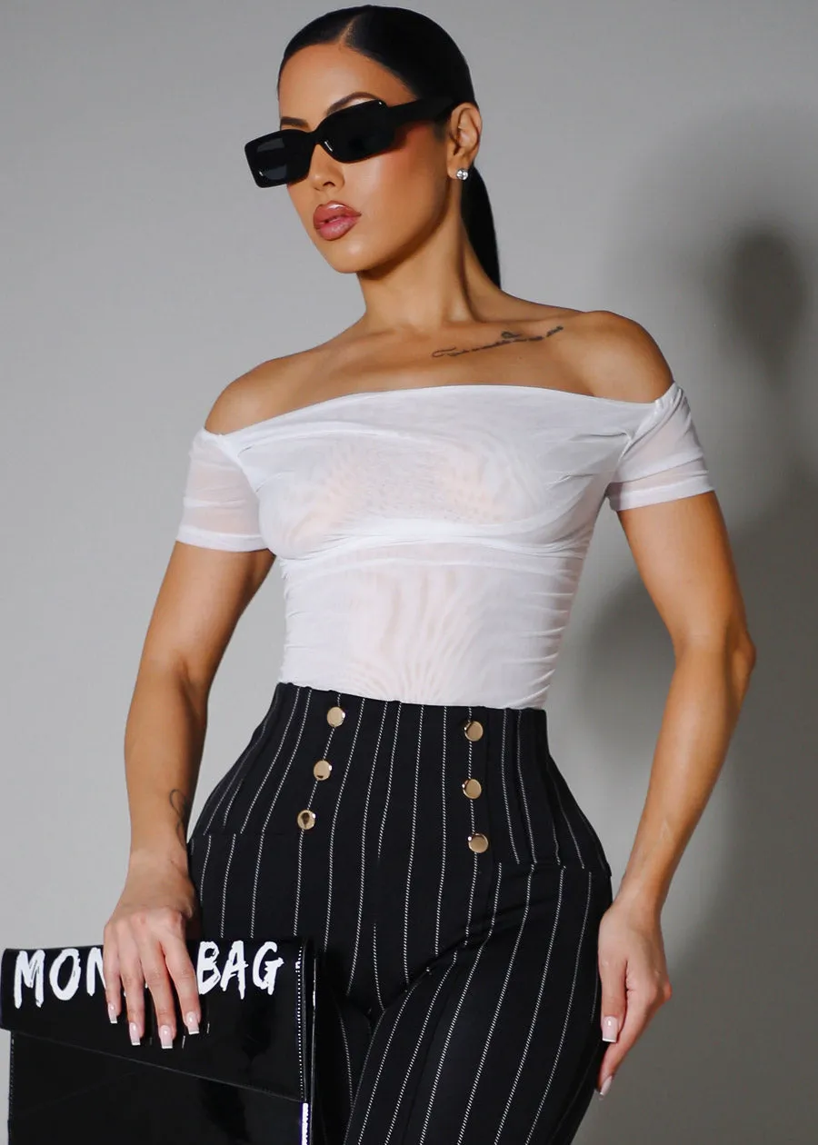 Off Shoulder Ruched Mesh Crop Top White sold by Moda
