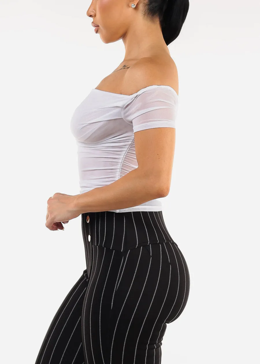 Off Shoulder Ruched Mesh Crop Top White sold by Moda product image thumbnail 5