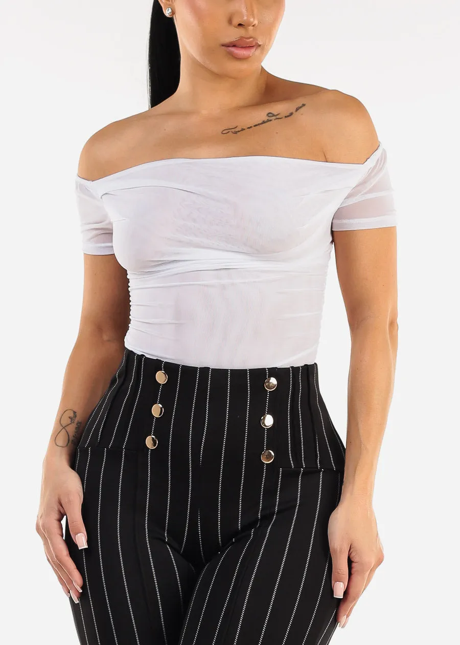Off Shoulder Ruched Mesh Crop Top White sold by Moda product image thumbnail 3