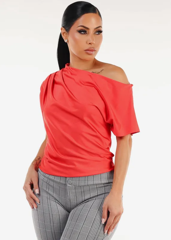 Asymmetrical Neck Pleated Satin Stretchy Blouse Red Orange sold by Moda