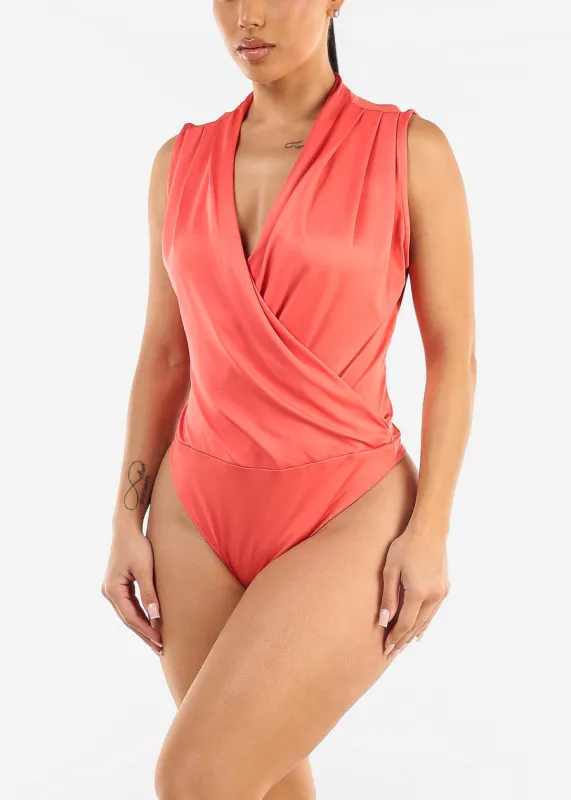 Stretchy Sleeveless Surplice Thong Bodysuit Coral sold by Moda