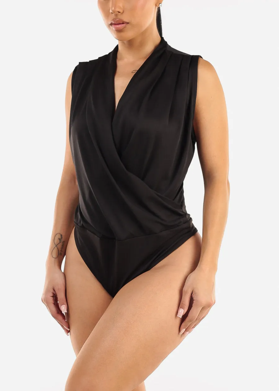 Stretchy Sleeveless Surplice Thong Bodysuit Black sold by Moda