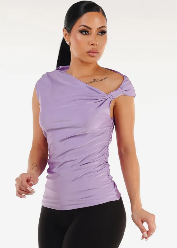 Sleeveless Asymmetrical Neckline Blouse Light Purple sold by Moda