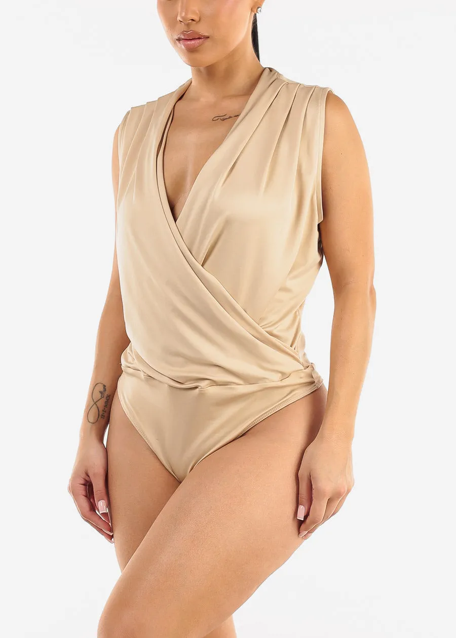 Stretchy Sleeveless Surplice Thong Bodysuit Beige sold by Moda