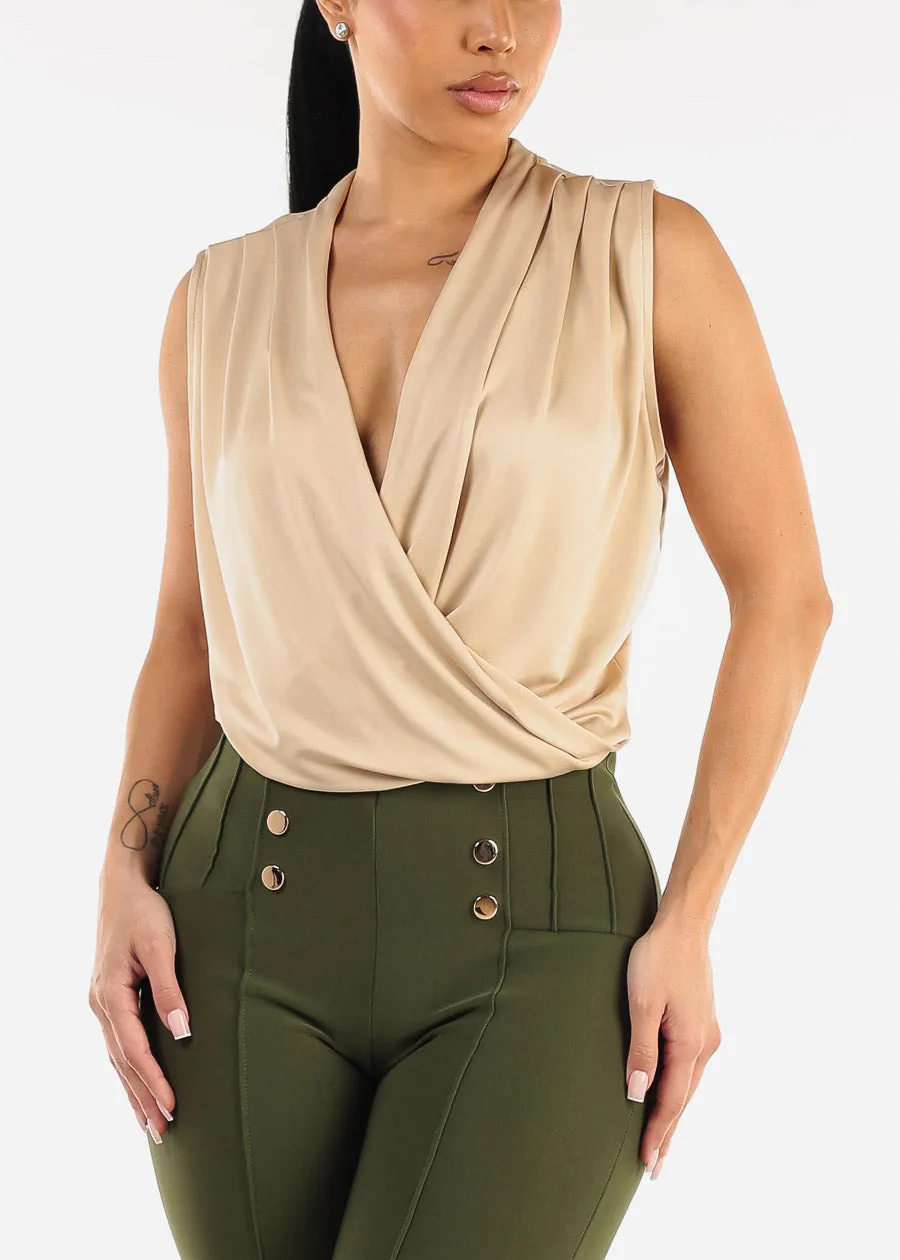 Stretchy Sleeveless Surplice Thong Bodysuit Beige sold by Moda product image thumbnail 5