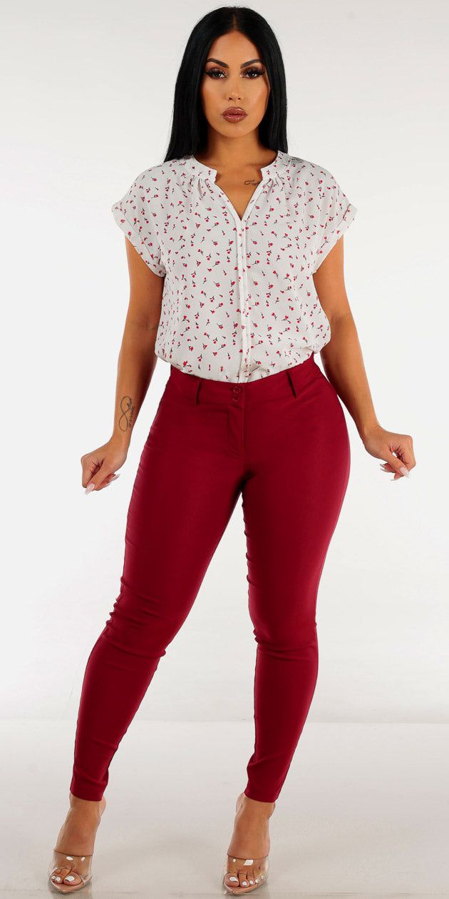 Mid Rise Burgundy Dressy Skinny Pants with White Short Sleeve Floral Blouse sold by Moda