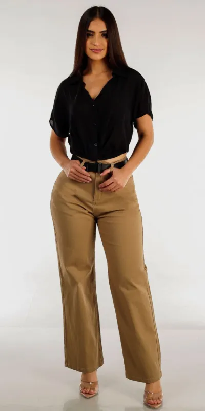 Khaki High Rise Slim Straight Pants with Short Sleeve Black Twisted Front Button Up Shirt sold by Moda