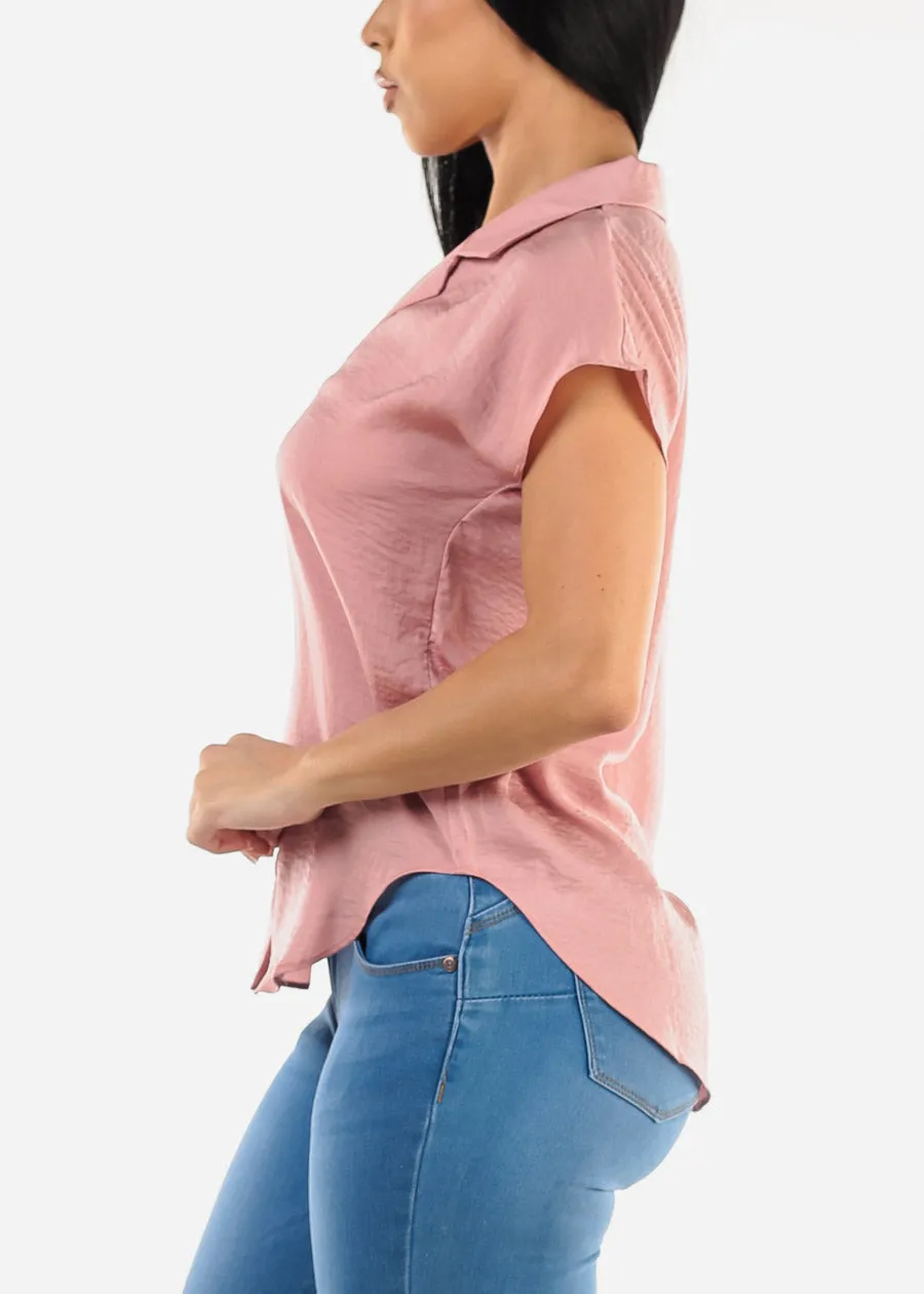 Short Sleeve Button Up Round Hem Blouse Rose sold by Moda product image thumbnail 3