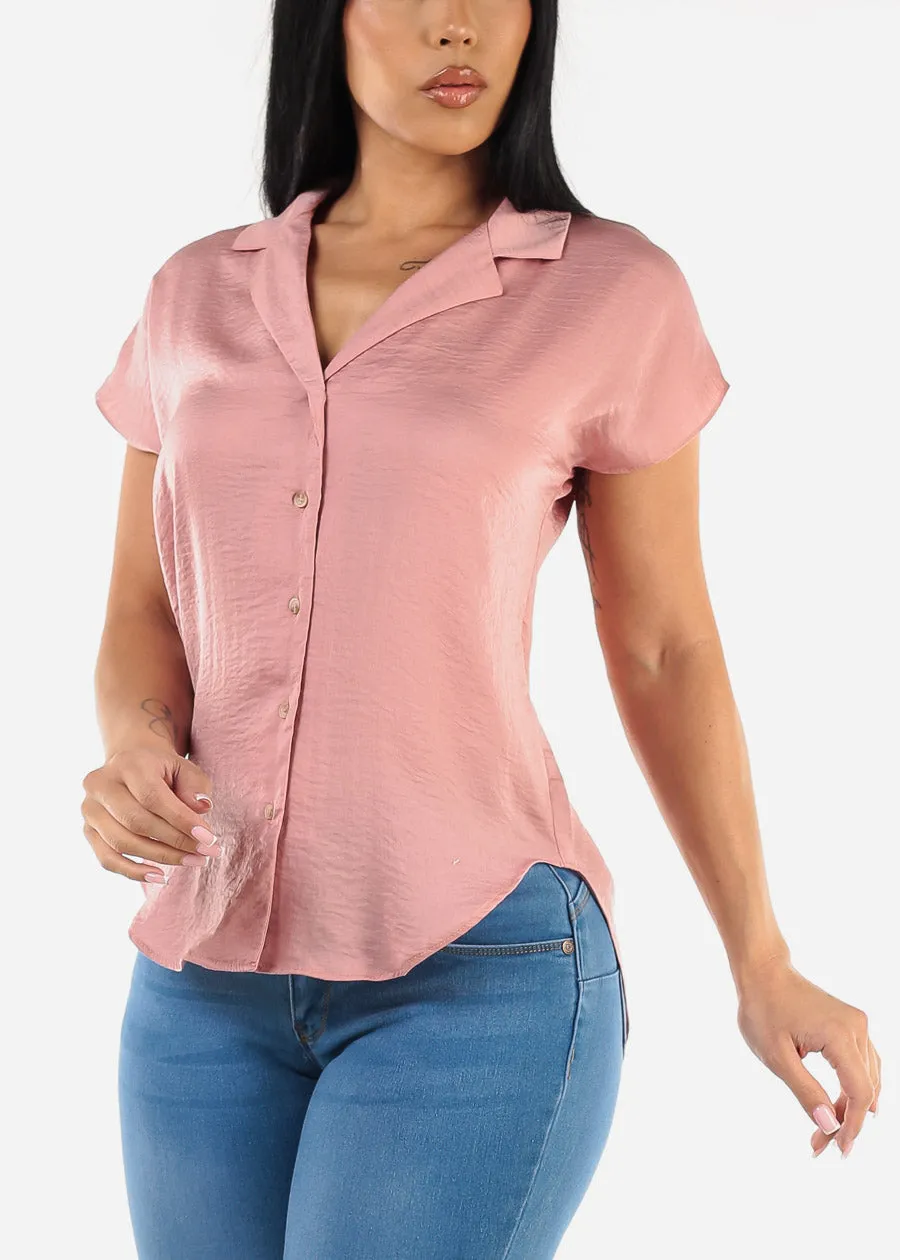 Short Sleeve Button Up Round Hem Blouse Rose sold by Moda