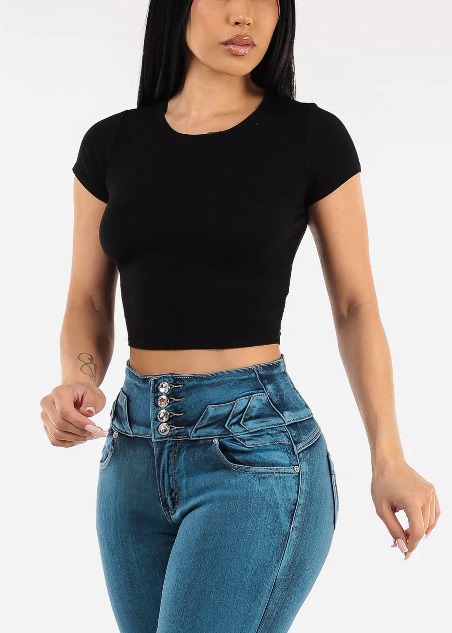 Short Sleeve Crewneck Black Ribbed Crop Top sold by Moda