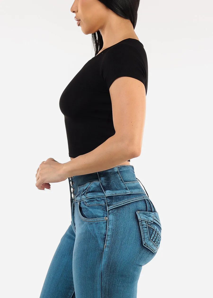 Short Sleeve Crewneck Black Ribbed Crop Top sold by Moda product image thumbnail 3