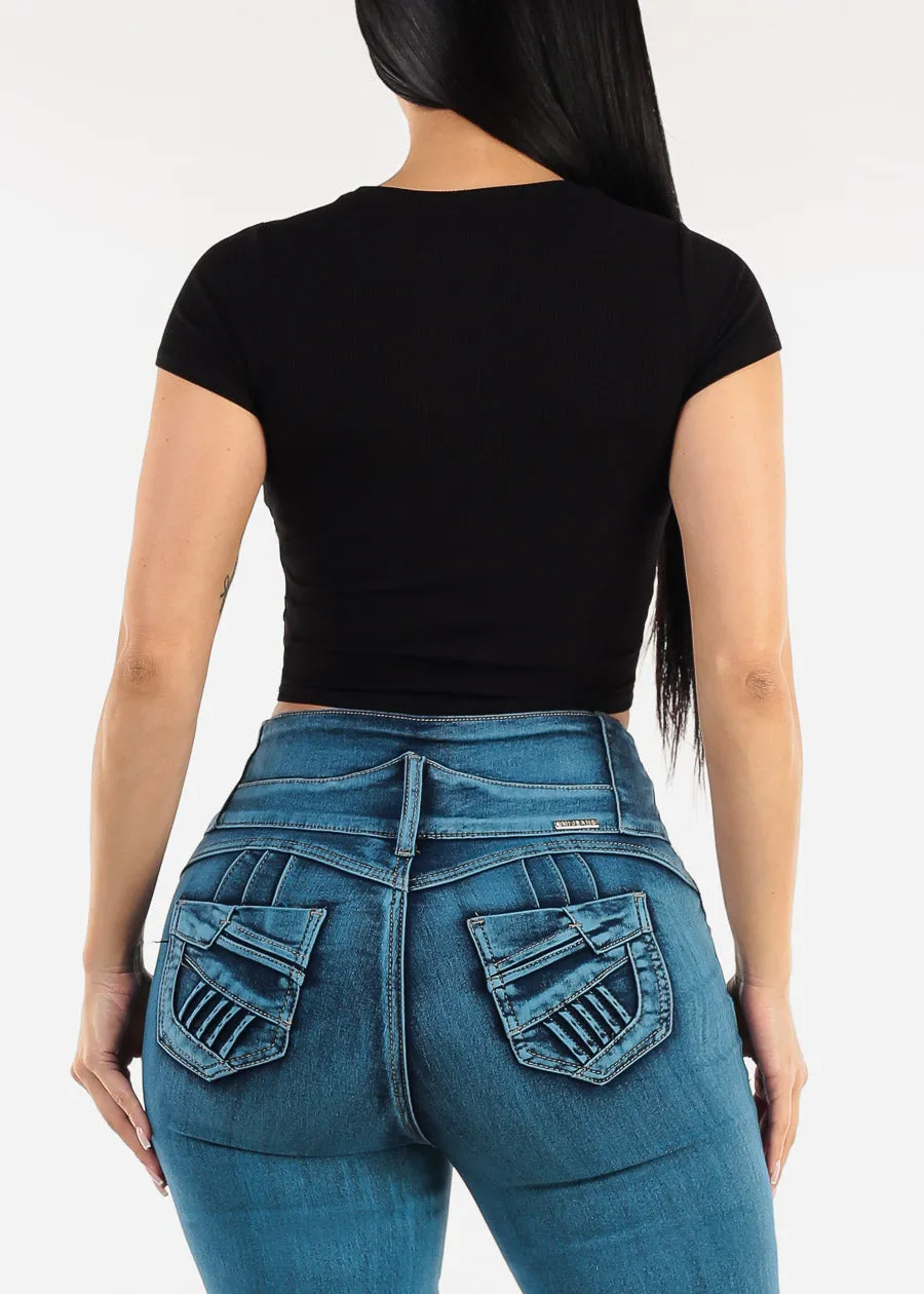 Short Sleeve Crewneck Black Ribbed Crop Top sold by Moda product image thumbnail 4