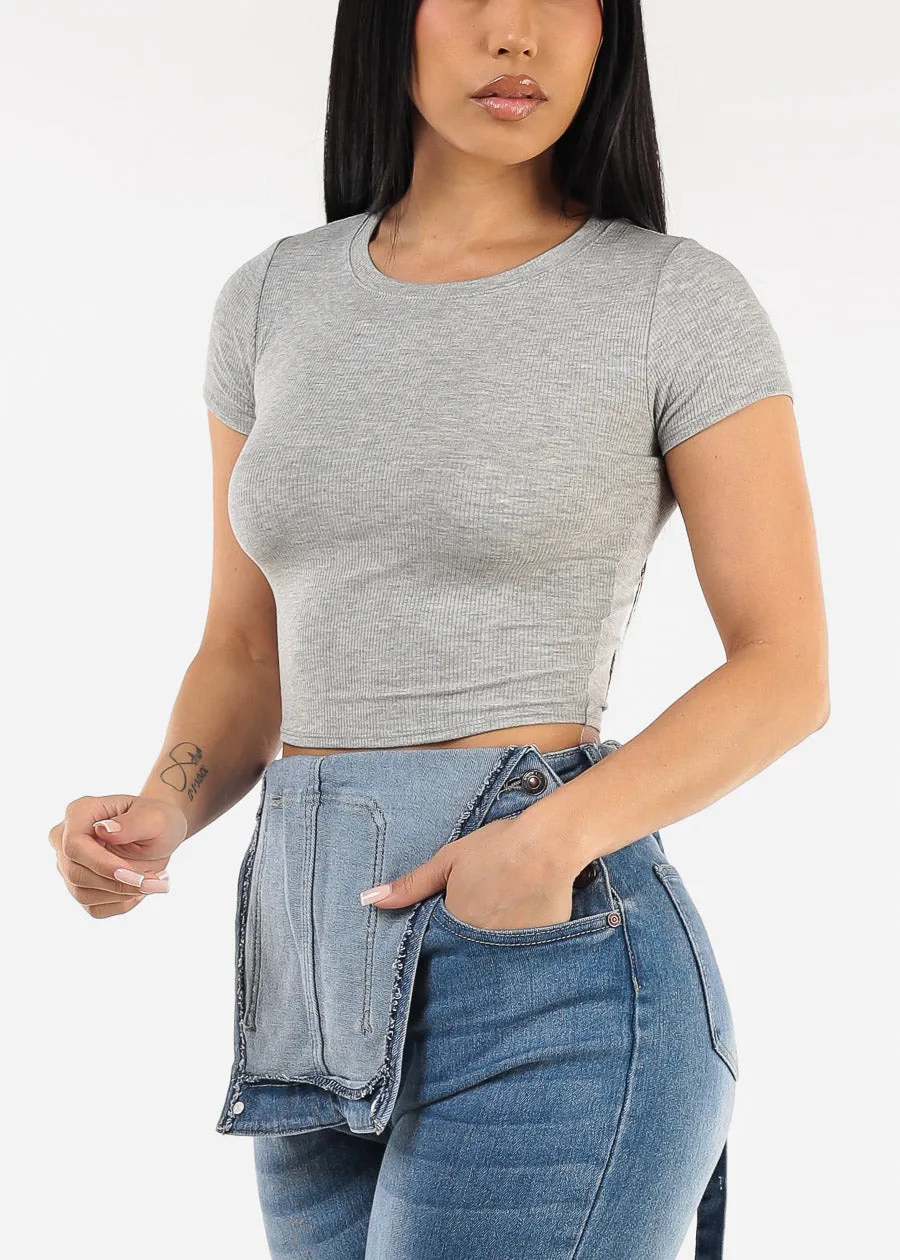 Short Sleeve Crewneck Ribbed Crop Top Grey sold by Moda