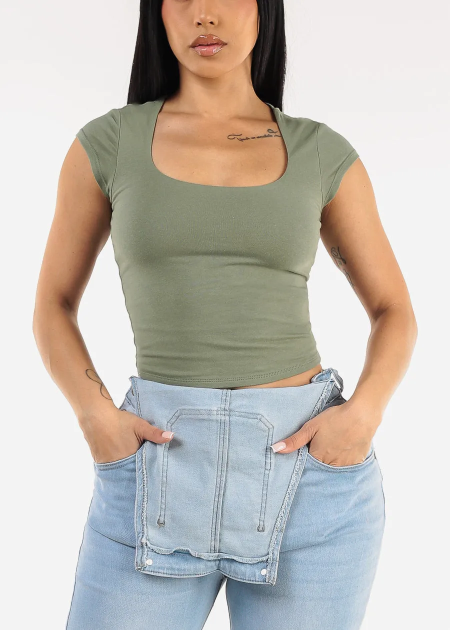 Cap Sleeve Square Neck Top Light Olive sold by Moda