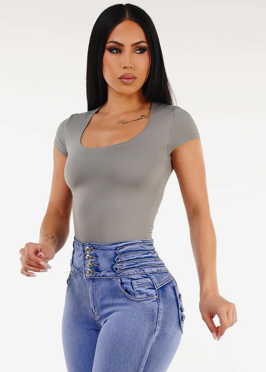 Stretchy Short Sleeve Square Neck Top Grey sold by Moda