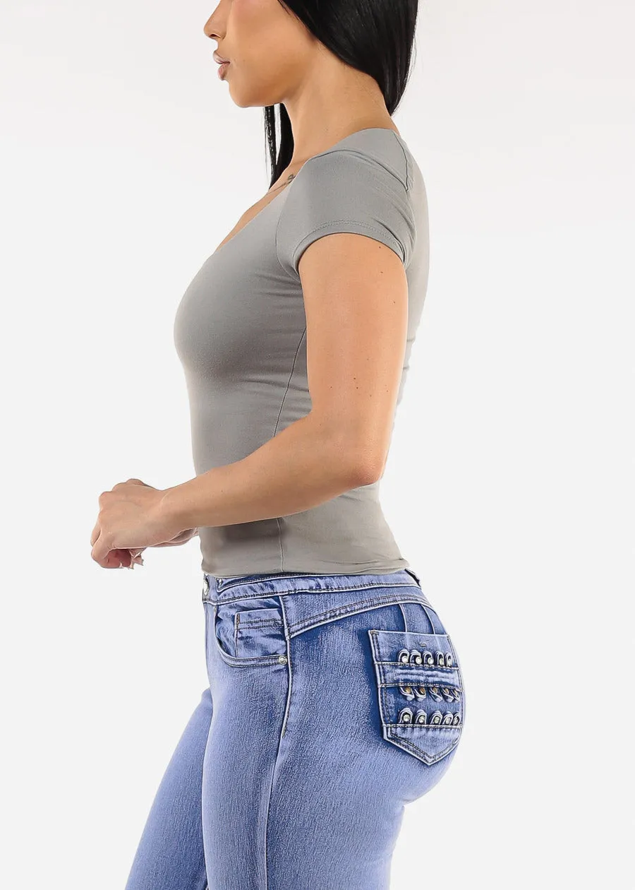 Stretchy Short Sleeve Square Neck Top Grey sold by Moda product image thumbnail 3