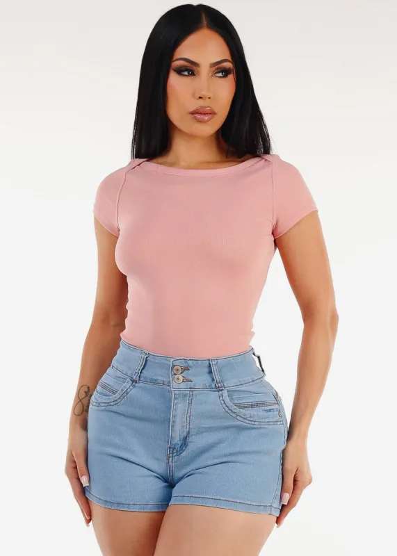 Short Sleeve Boat Neckline Stretch Top Light Rose sold by Moda