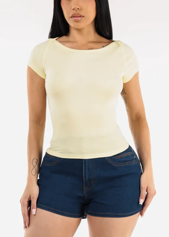Short Sleeve Boat Neckline Stretch Top Yellow sold by Moda