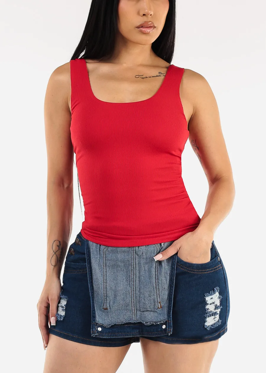 Sleeveless Scoop Neck Ribbed Tank Top Red sold by Moda