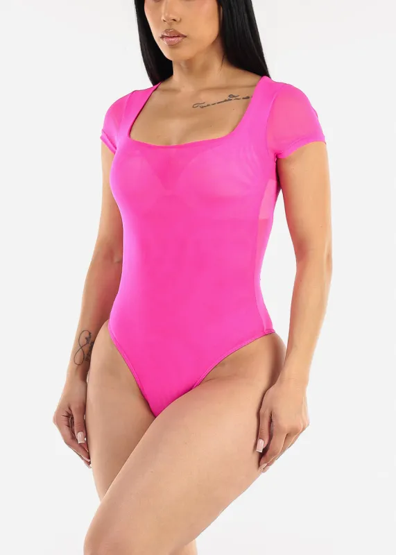 Short Sleeve Square Neck Stretchy Mesh Bodysuit Fuchsia sold by Moda
